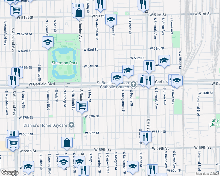 map of restaurants, bars, coffee shops, grocery stores, and more near 1015 West Garfield Boulevard in Chicago