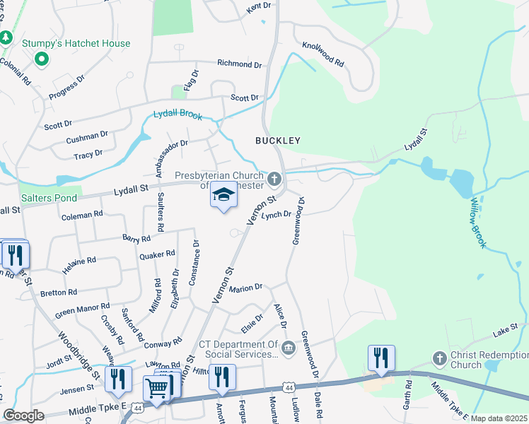 map of restaurants, bars, coffee shops, grocery stores, and more near 275 Vernon Street in Manchester