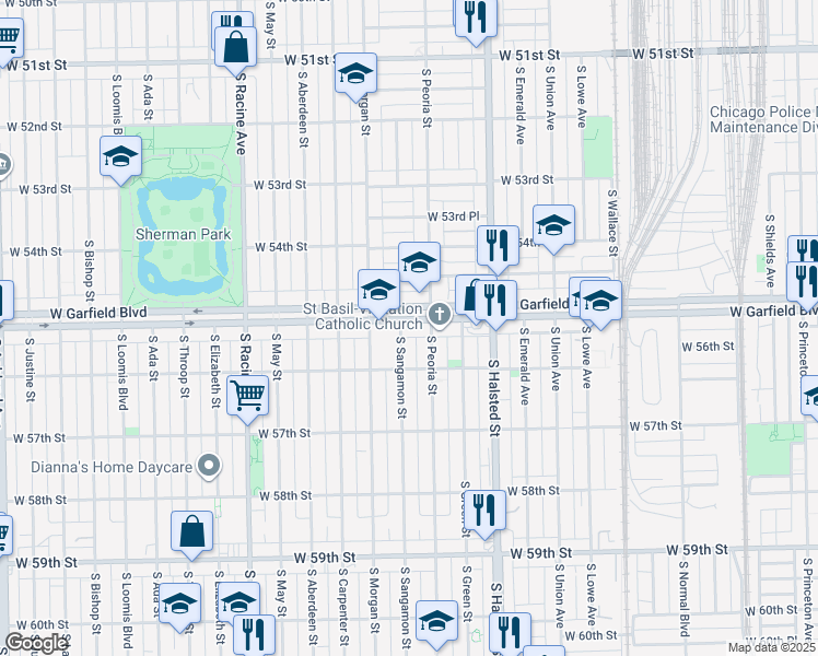 map of restaurants, bars, coffee shops, grocery stores, and more near 919 West Garfield Boulevard in Chicago
