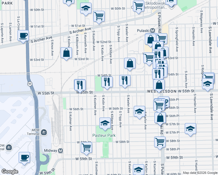 map of restaurants, bars, coffee shops, grocery stores, and more near in Chicago