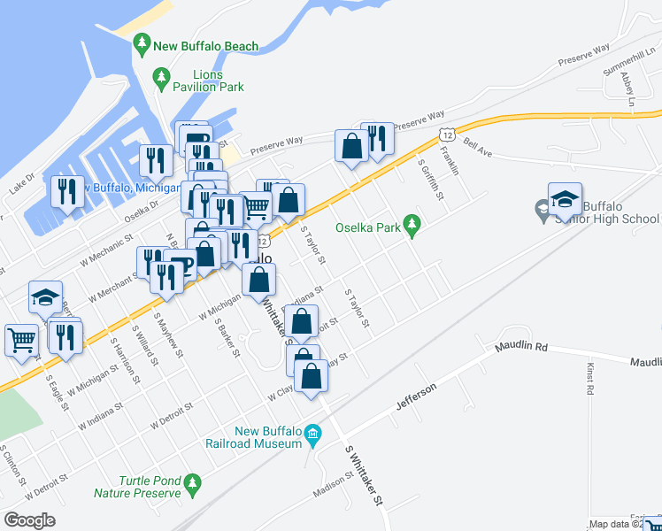 map of restaurants, bars, coffee shops, grocery stores, and more near 123 South Taylor Street in New Buffalo