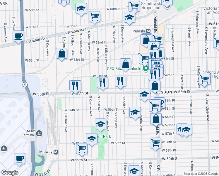 map of restaurants, bars, coffee shops, grocery stores, and more near 5443 S Kildare Ave in Chicago