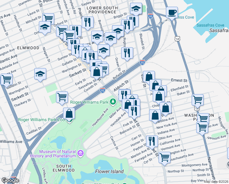 map of restaurants, bars, coffee shops, grocery stores, and more near 1200 Broad Street in Providence