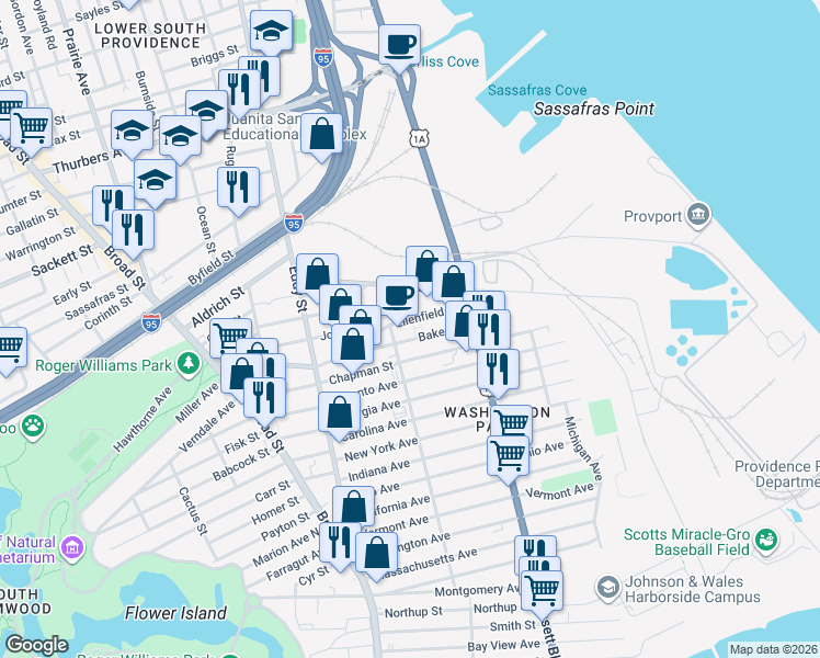 map of restaurants, bars, coffee shops, grocery stores, and more near 30 Virginia Avenue in Providence