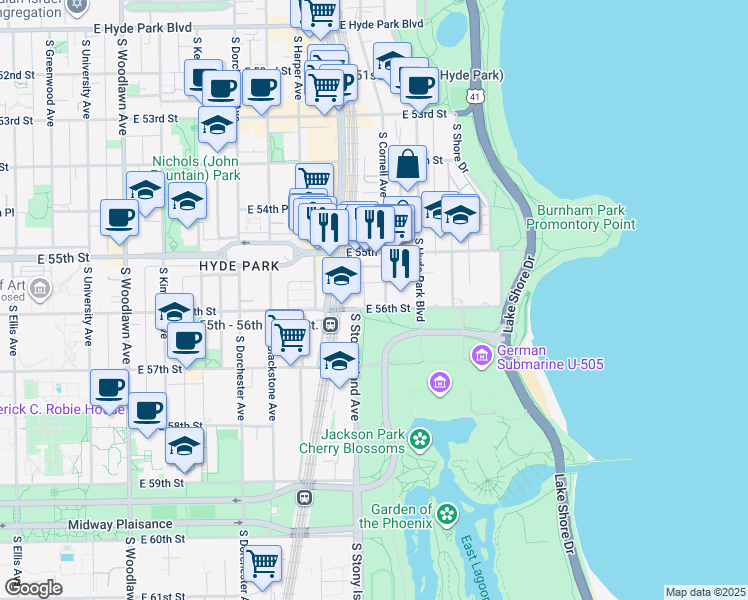 map of restaurants, bars, coffee shops, grocery stores, and more near 1616 East 56th Street in Chicago