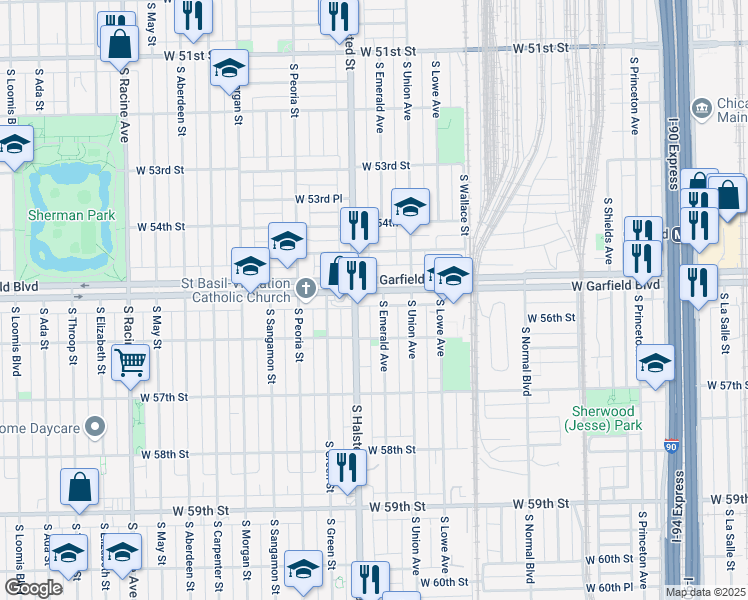 map of restaurants, bars, coffee shops, grocery stores, and more near 5529 South Halsted Street in Chicago