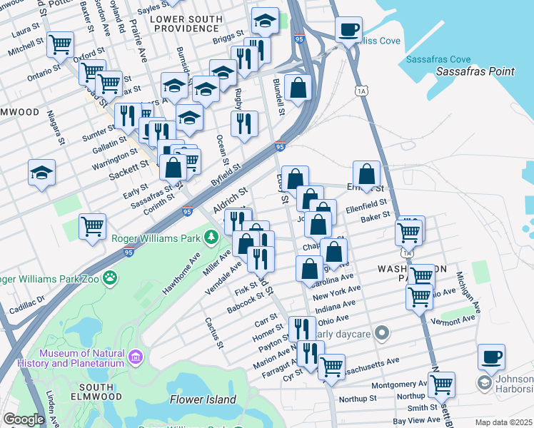 map of restaurants, bars, coffee shops, grocery stores, and more near 285 O Connor Street in Providence