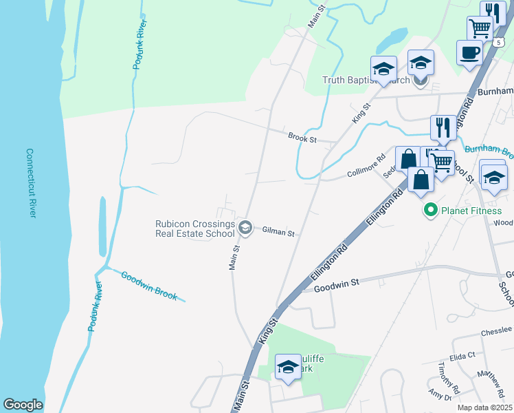 map of restaurants, bars, coffee shops, grocery stores, and more near 38 Gilman Street in East Hartford