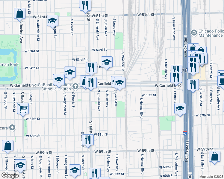 map of restaurants, bars, coffee shops, grocery stores, and more near 5530 South Lowe Avenue in Chicago