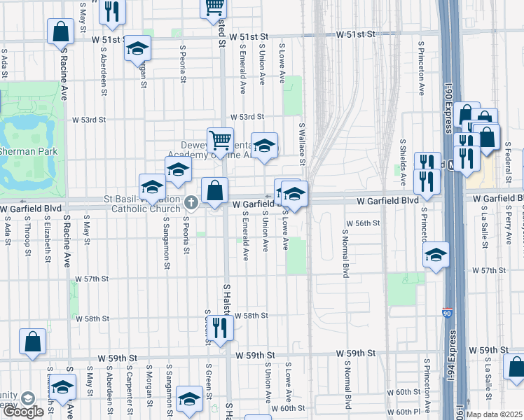 map of restaurants, bars, coffee shops, grocery stores, and more near 5533 South Emerald Avenue in Chicago