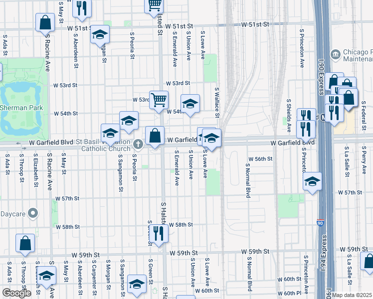 map of restaurants, bars, coffee shops, grocery stores, and more near 5533 South Emerald Avenue in Chicago