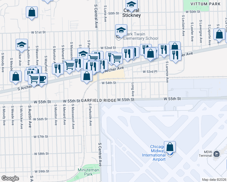 map of restaurants, bars, coffee shops, grocery stores, and more near 5416 South Luna Avenue in Chicago