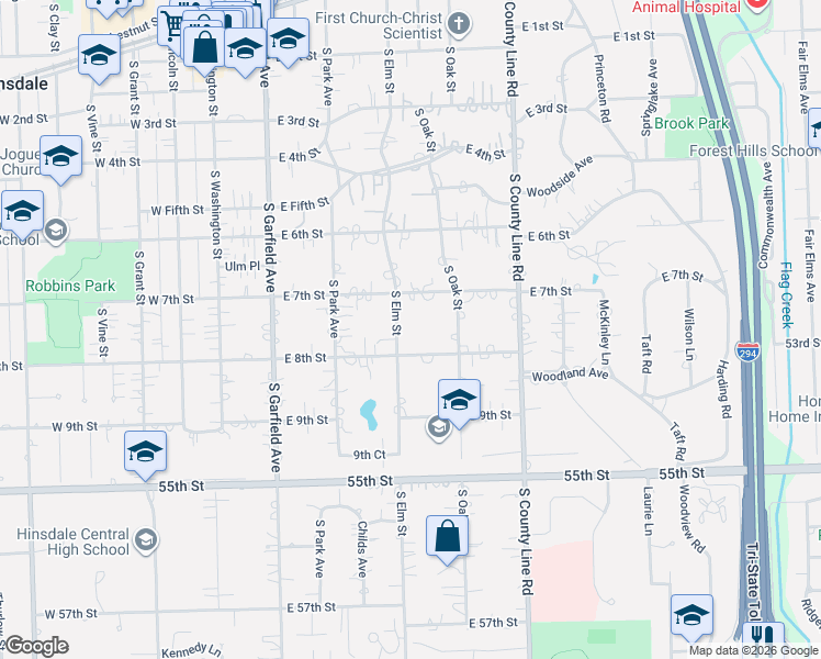 map of restaurants, bars, coffee shops, grocery stores, and more near 328 East 8th Street in Hinsdale