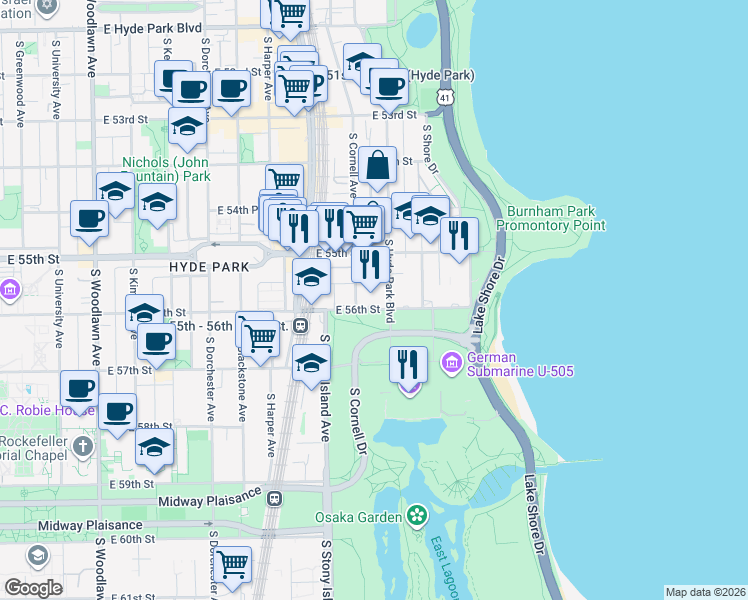 map of restaurants, bars, coffee shops, grocery stores, and more near 1642 East 56th Street in Chicago