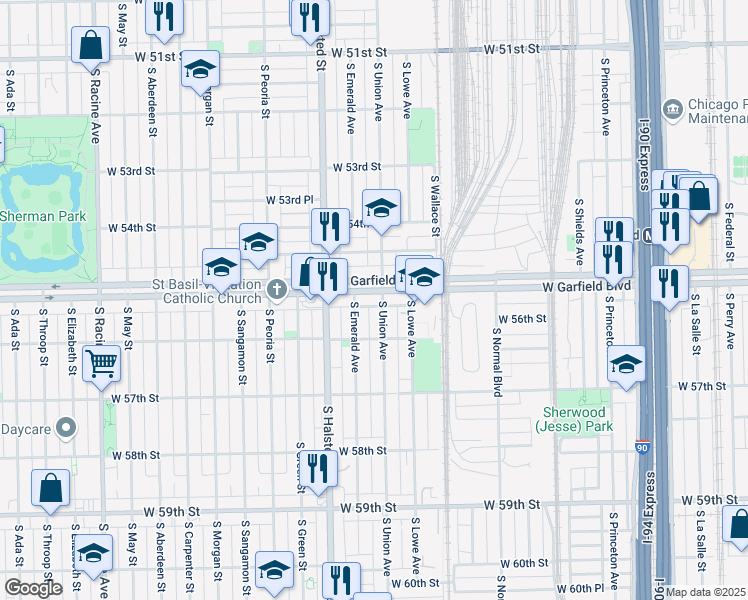 map of restaurants, bars, coffee shops, grocery stores, and more near 5533 South Emerald Avenue in Chicago