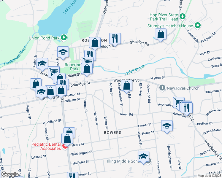 map of restaurants, bars, coffee shops, grocery stores, and more near 28 North Elm Street in Manchester