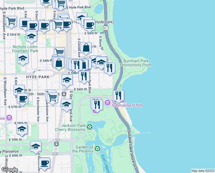 map of restaurants, bars, coffee shops, grocery stores, and more near 5550 S South Shore Dr in Chicago
