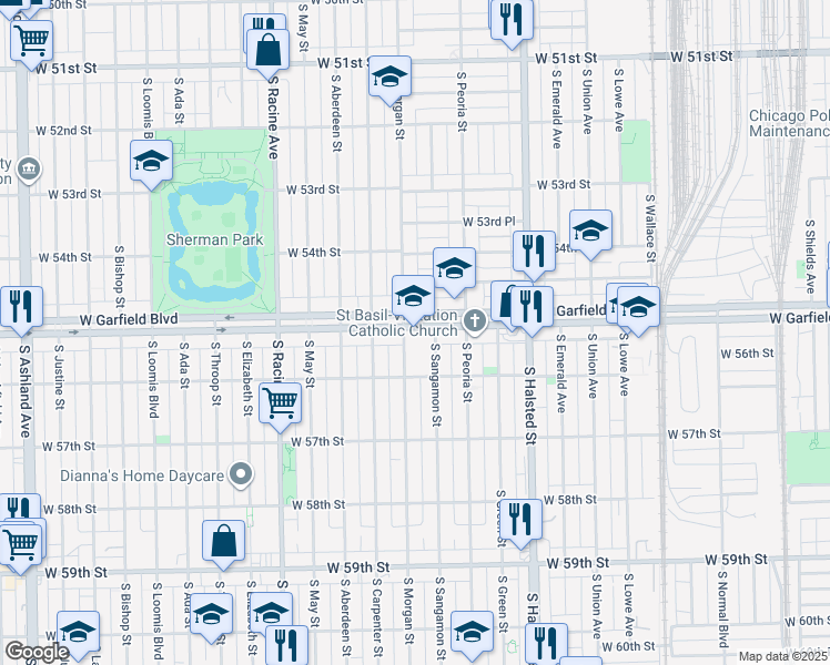 map of restaurants, bars, coffee shops, grocery stores, and more near 955 West Garfield Boulevard in Chicago