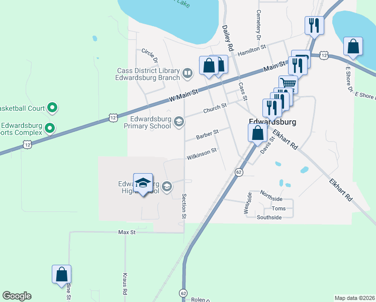map of restaurants, bars, coffee shops, grocery stores, and more near 69225 Section Street in Edwardsburg