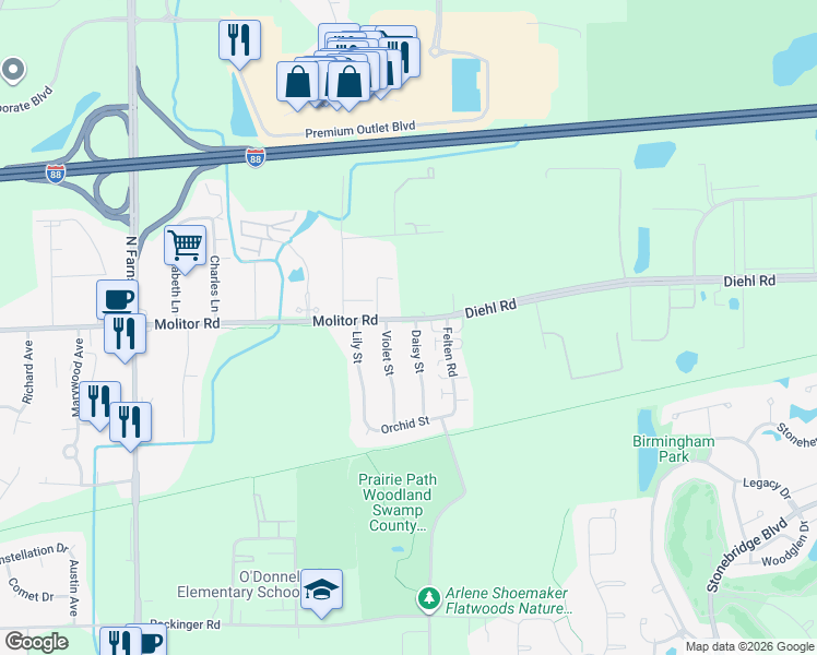 map of restaurants, bars, coffee shops, grocery stores, and more near 1755 Molitor Road in Aurora