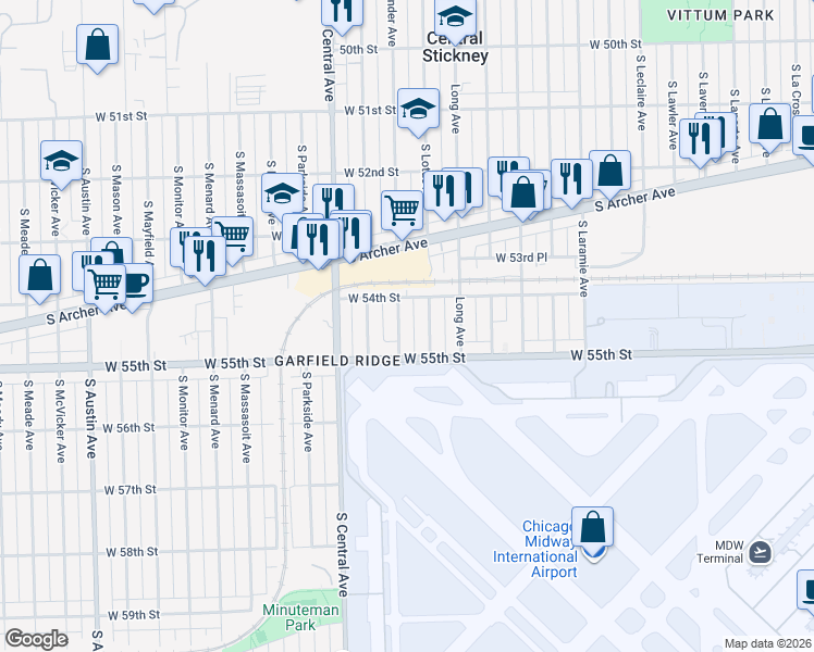 map of restaurants, bars, coffee shops, grocery stores, and more near 5458 South Lotus Avenue in Chicago