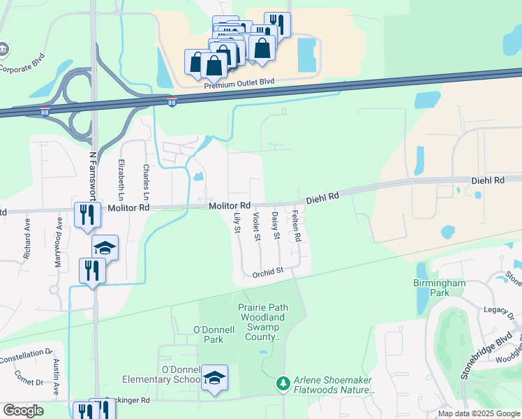 map of restaurants, bars, coffee shops, grocery stores, and more near 1725 Molitor Road in Aurora