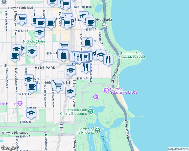 map of restaurants, bars, coffee shops, grocery stores, and more near 5525 South Hyde Park Boulevard in Chicago