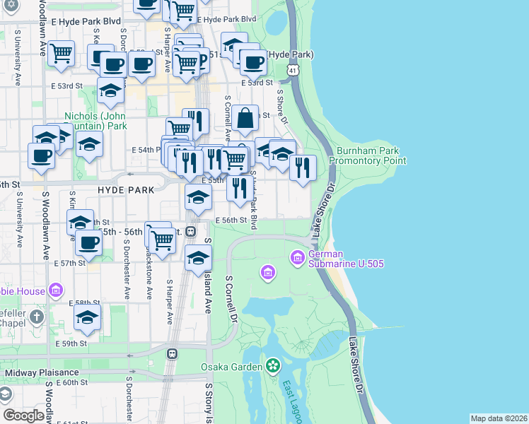 map of restaurants, bars, coffee shops, grocery stores, and more near 5525 South Hyde Park Boulevard in Chicago