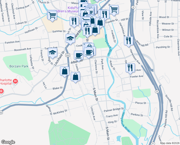 map of restaurants, bars, coffee shops, grocery stores, and more near 322 South Main Street in Torrington