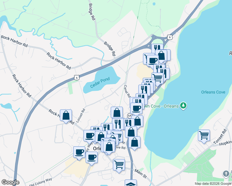 map of restaurants, bars, coffee shops, grocery stores, and more near 58 Locust Road in Orleans