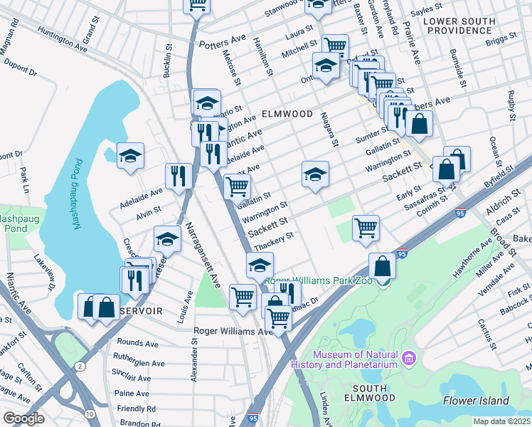 map of restaurants, bars, coffee shops, grocery stores, and more near 241 Gallatin Street in Providence