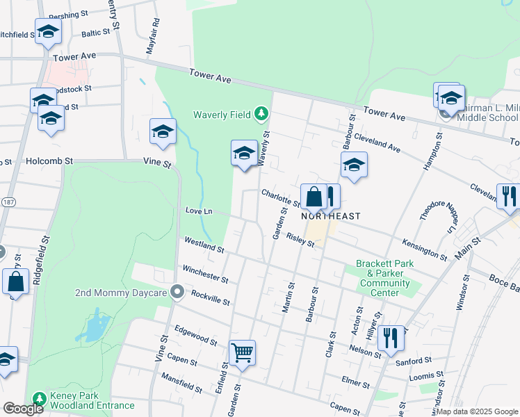 map of restaurants, bars, coffee shops, grocery stores, and more near 110 Charlotte Street in Hartford