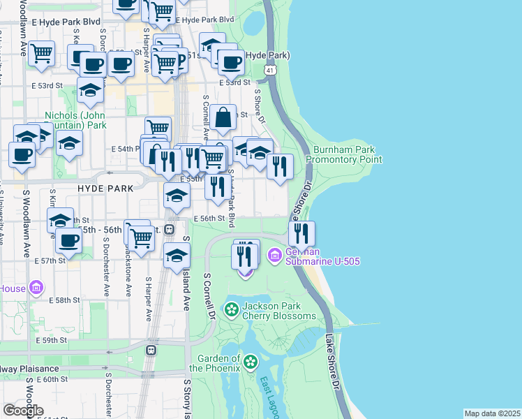 map of restaurants, bars, coffee shops, grocery stores, and more near in Chicago