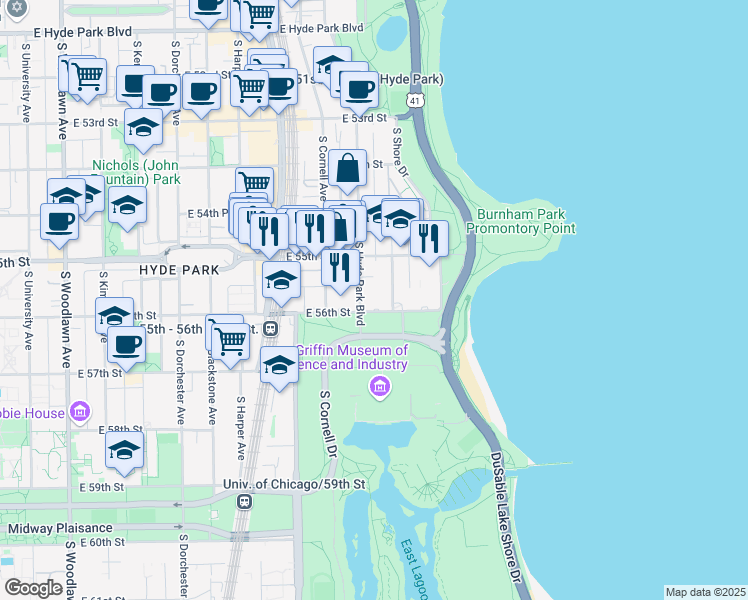 map of restaurants, bars, coffee shops, grocery stores, and more near 5525 South Hyde Park Boulevard in Chicago