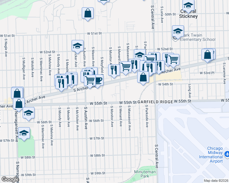 map of restaurants, bars, coffee shops, grocery stores, and more near 6037 South Archer Avenue in Chicago
