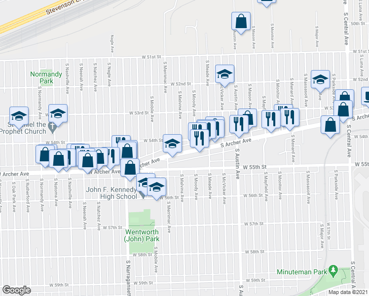 map of restaurants, bars, coffee shops, grocery stores, and more near 5359 South Melvina Avenue in Chicago