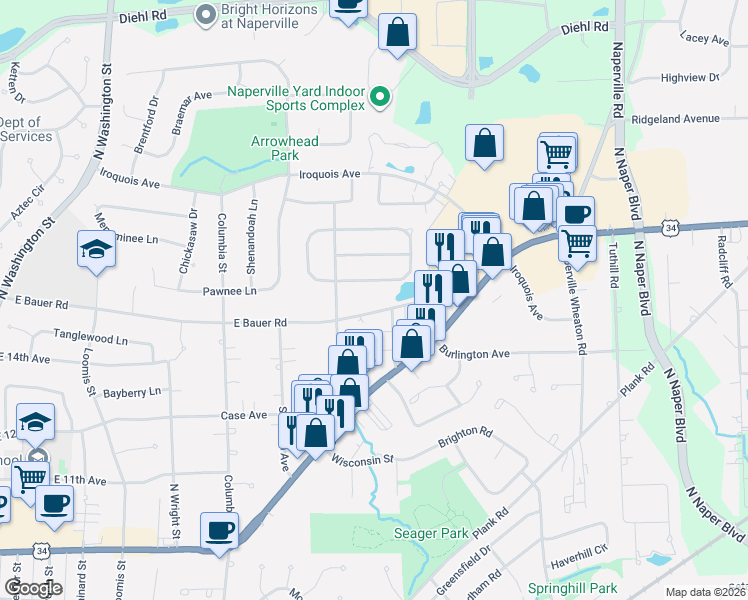 map of restaurants, bars, coffee shops, grocery stores, and more near 944 Amberwood Circle in Naperville