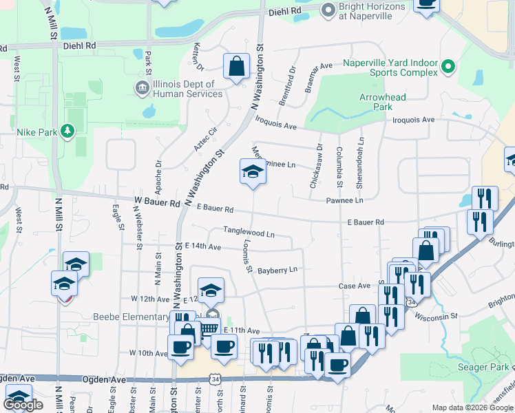 map of restaurants, bars, coffee shops, grocery stores, and more near 1520 North Loomis Street in Naperville