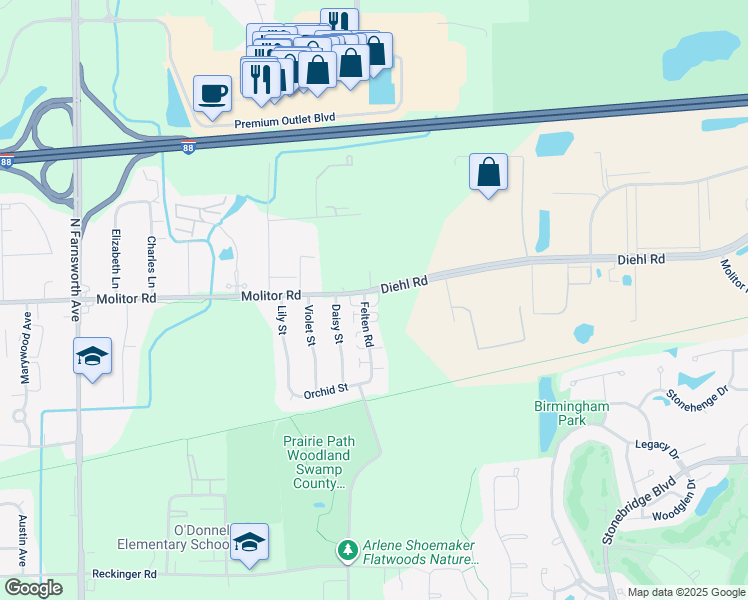 map of restaurants, bars, coffee shops, grocery stores, and more near 1740 Molitor Road in Aurora