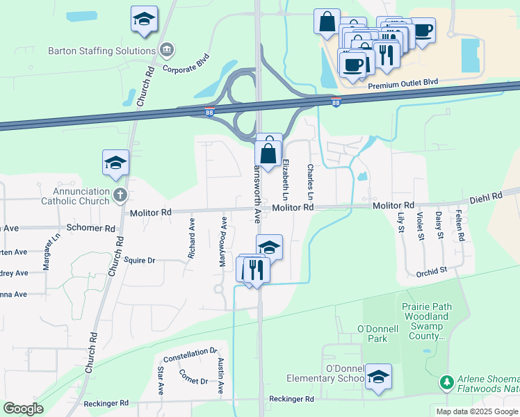 map of restaurants, bars, coffee shops, grocery stores, and more near N Farnsworth Ave & Molitor Rd in Aurora