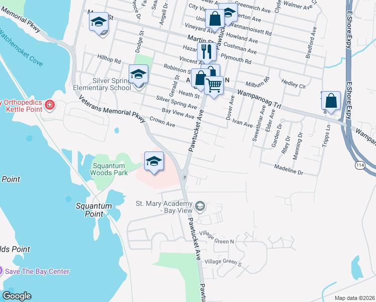 map of restaurants, bars, coffee shops, grocery stores, and more near 78 Mountain Avenue in East Providence