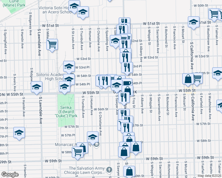 map of restaurants, bars, coffee shops, grocery stores, and more near 5426 South Sawyer Avenue in Chicago