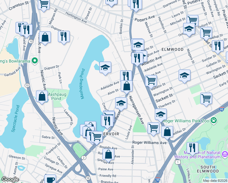 map of restaurants, bars, coffee shops, grocery stores, and more near 350 Adelaide Avenue in Providence
