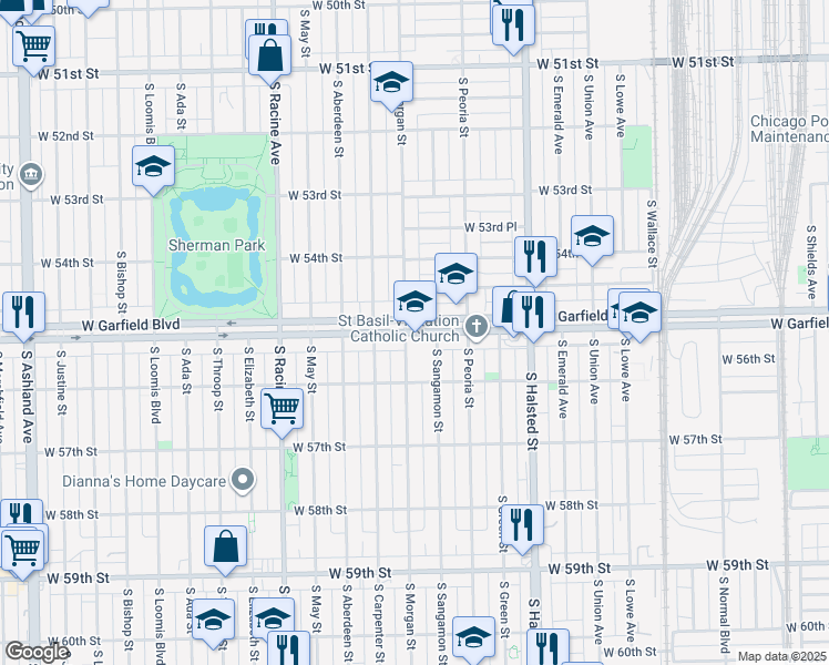 map of restaurants, bars, coffee shops, grocery stores, and more near 955 West Garfield Boulevard in Chicago