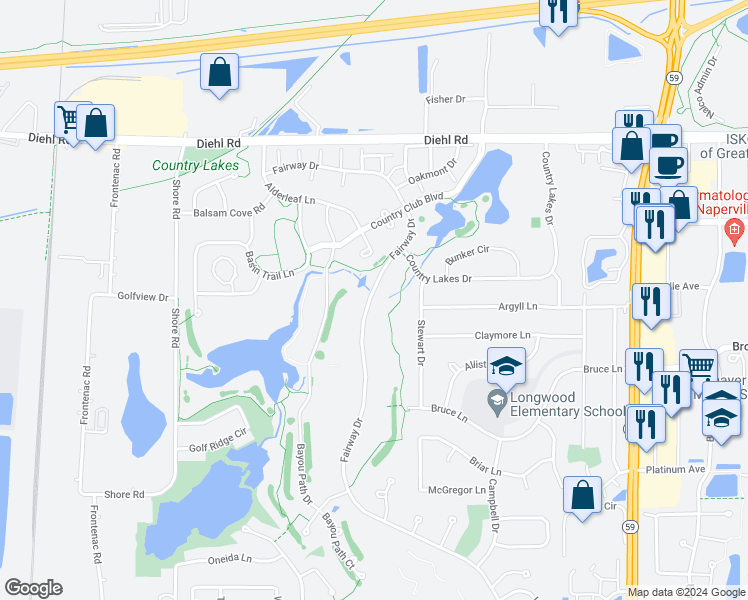 map of restaurants, bars, coffee shops, grocery stores, and more near 1594 Fairway Drive in Naperville