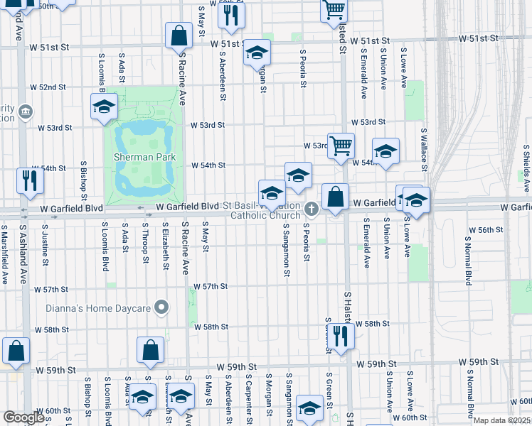 map of restaurants, bars, coffee shops, grocery stores, and more near S Morgan St & W Garfield Blvd in Chicago