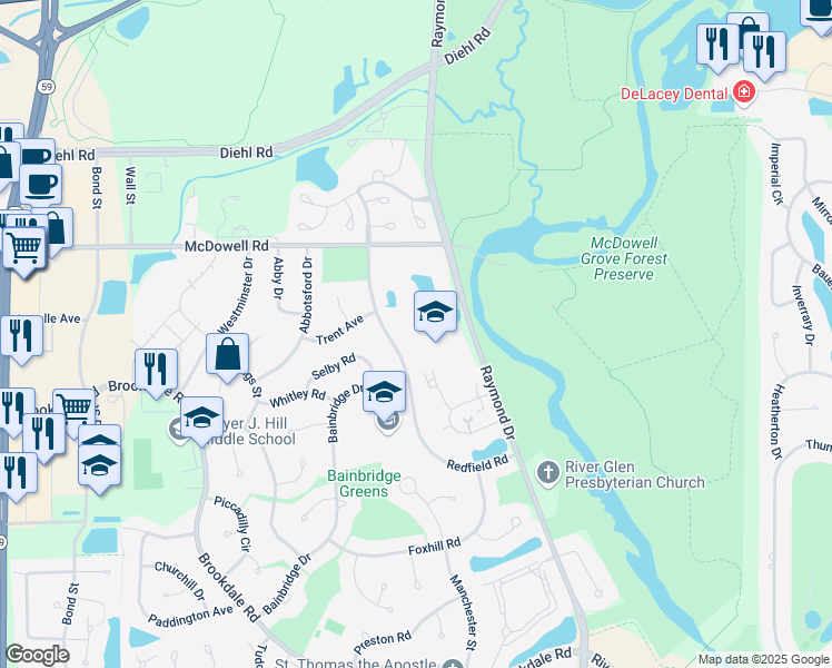 map of restaurants, bars, coffee shops, grocery stores, and more near 1517 Raymond Drive in Naperville