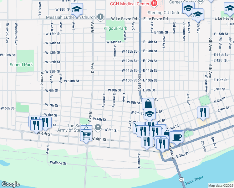 map of restaurants, bars, coffee shops, grocery stores, and more near 406 West 9th Street in Sterling