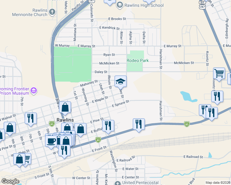 map of restaurants, bars, coffee shops, grocery stores, and more near 516 East Walnut Street in Rawlins