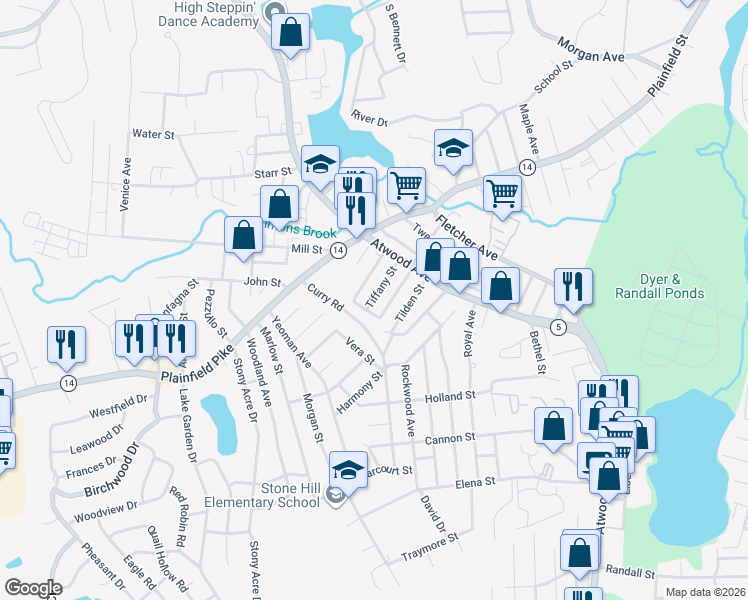 map of restaurants, bars, coffee shops, grocery stores, and more near 54 Tiffany Street in Cranston